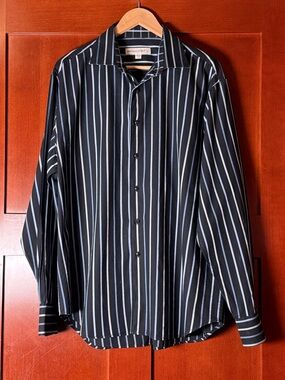 Pronto Uomo Men’s Black & Blue Striped Button Down Cotton Shirt Size XL